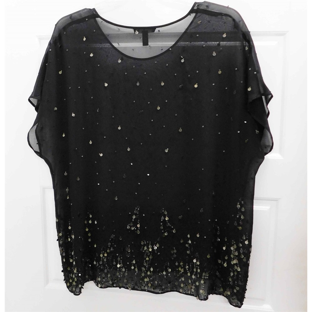 Eileen Fisher Black 100% Silk Sheer Sequin Blouse‎ Top XS